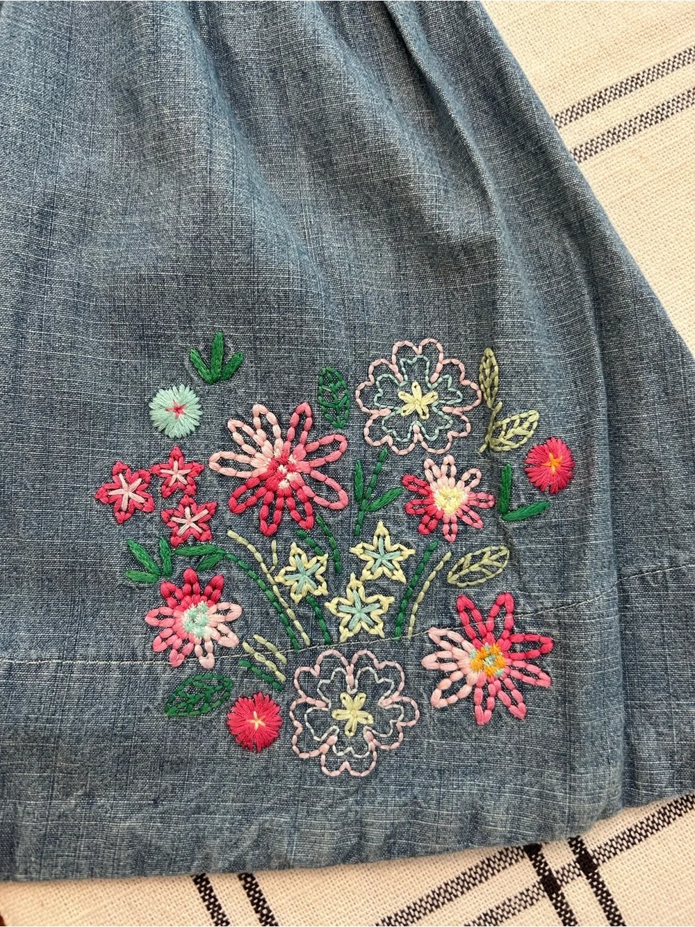 Vintage OshKosh Girls 6x Denim Skirt with Floral Embroidery and Tie Waist